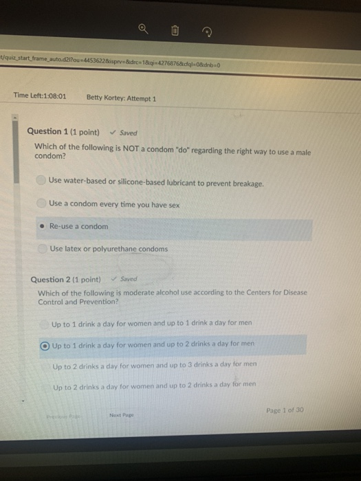 t/quiz start frame auto.d2l7ou 4453 Time Left:1:08:01 Betty Kortey: Attempt 1 Question 1 (1 point) Saved Which of the followi