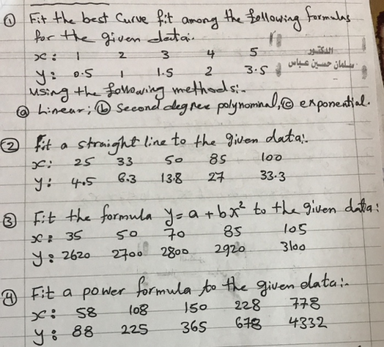 o fit the best Curve fit among the following formulas for the given datain >C: 2 3 5 الدكتور سلمان حسین عباس 1.5 2 3.5 Y: 0.5
