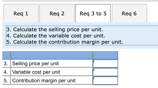 Req 1 Req 2 Req 3 to 5 Req 6 3. Calculate the selling price per unit. 4. Calculate the variable cost per unit. 5. Calculate t
