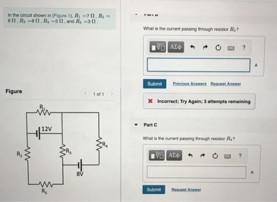 Γαιιο In the circuit shown in (Figure 1), R1 =71, R2 = 612, R3 =8 12, RA=512, and Rs =3 N. What is the current passing throug