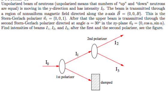 Unpolarized beam of neutrons (unpolarized means that numbers of up and down neutrons equal) is moving in the y-direction