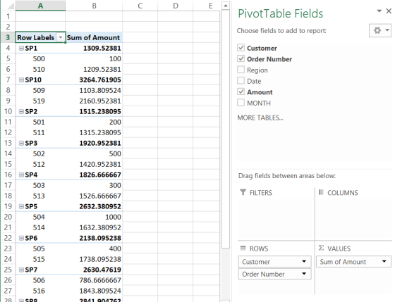 A B с D E 1 Pivot Table Fields N Choose fields to add to report: 7 Customer Order Number Region Date Amount MONTH MORE TABLES