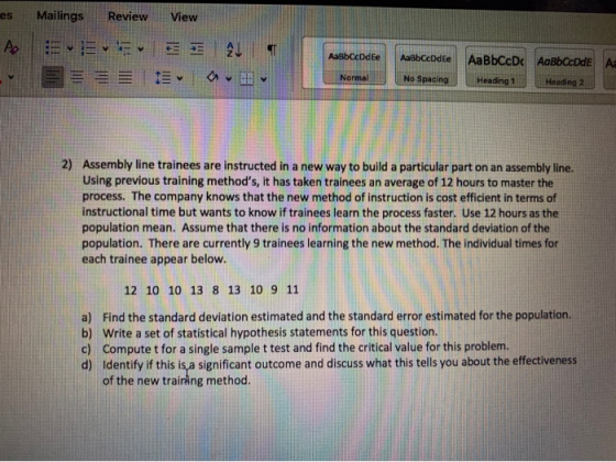 View es to Mailings EvE V Review E U becom AaBbCcode AaBbCcDc AaBbCcDdE No Spacing Heading 1 Heading 2 2) Assembly line train