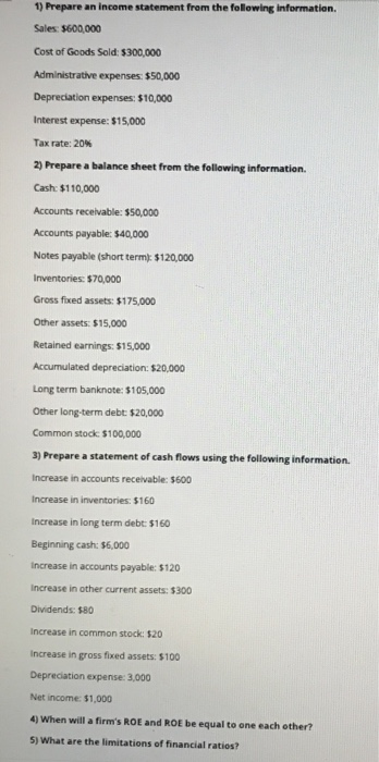 1) Prepare an income statement from the following information. Sales: $600,000 Cost of Goods Sold: $300,000 Administrative ex