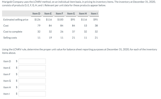 Marigold Company uses the LCNRV method, on an individual-item basis, in pricing its inventory items. The inventory at Decembe