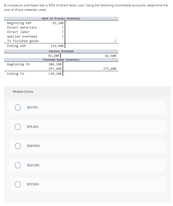 A companys overhead rate is 50% of direct labor cost. Using the following incomplete accounts, determine the cost of direct