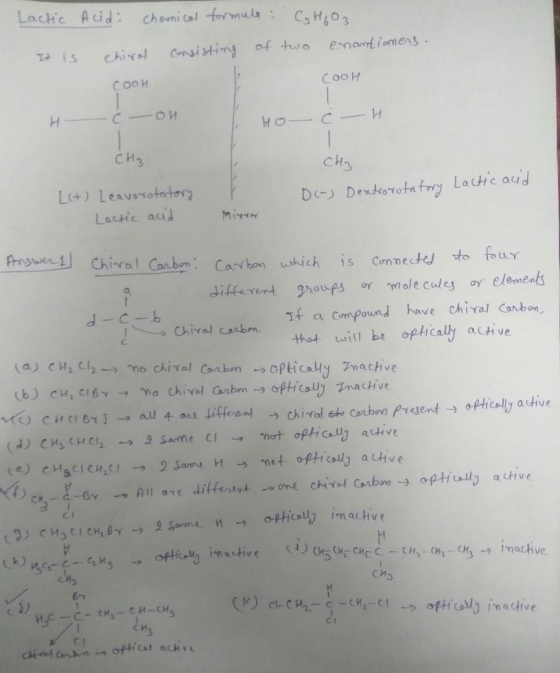 Lactic Acid: chemical formula C₂ H₂O3 chirol consisting of two enantiomers. It is COOH COOH -OH носи CH3 CH₂ L(+) Leavorotato