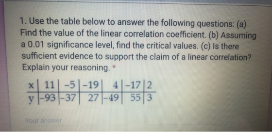 1. Use the table below to answer the following questions: (a) Find the value of the linear correlation coefficient. (b) Assum