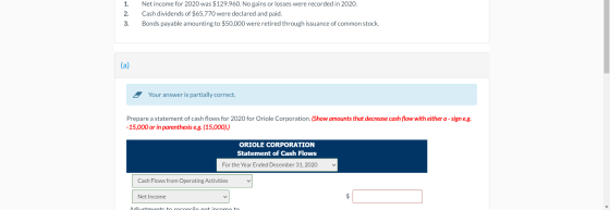 ન = ૪. Net income for 2020 was $129,960. No gains or losses were recorded in 2020. Cash dividends of $65,770 were declared an