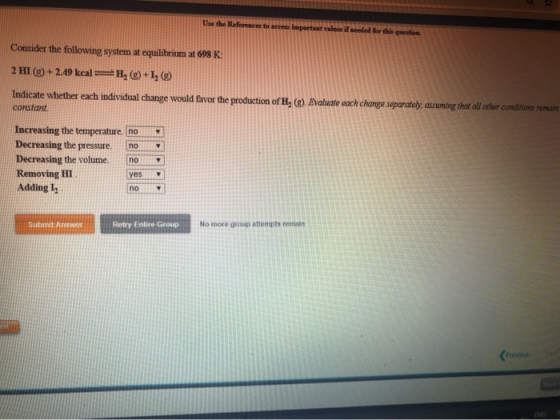Use the References to access important valoe if needed for the question Consider the following system at equilibrium at 698 K
