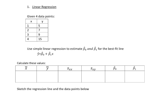 1. Linear Regression Given 4 data points: X Y 5 15 Use simple linear regression to estimate ßo and ß, for the best-fit line ỹ