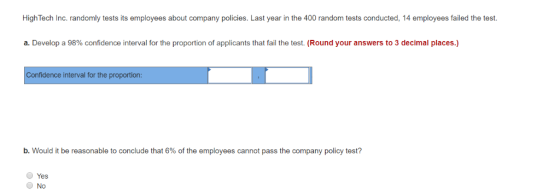 HighTech Inc. randomly tests its employees about company policies. Last year in the 400 random tests conducted, 14 employees
