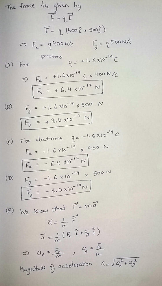 400食+ 5003 反= 9400 N/C 9500 N/C の や tons -19 (E) We knou that F m a Monitudag acceleration q-V