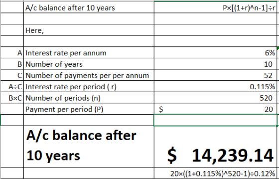 A/c balance after 10 years Px[(1+r)^n-1]=r Here, 6% 10 A Interest rate per annum B Number of years C Number of payments per p