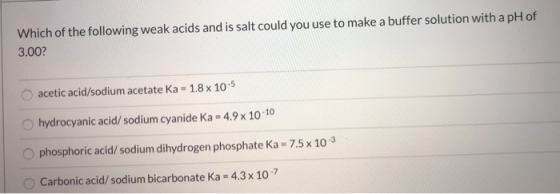 Which of the following weak acids and is salt could you use to make a buffer solution with a pH of 3.00? acetic acid/sodium a