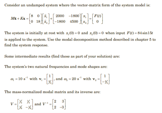 Consider an undamped system where the vector-matrix form of the system model is: F(t) [8 olx Mx + Kx = 0 18X, + 2000 -1800 x
