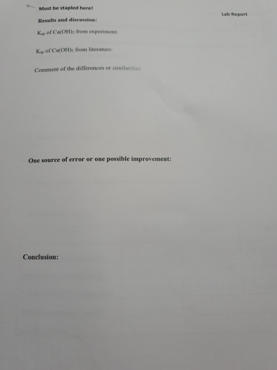 Must be stapled here! Lab Report Results and discussion: Ksp of Ca(OH)2 from experiment: Ksp of Ca(OH)2 from literature: Comm