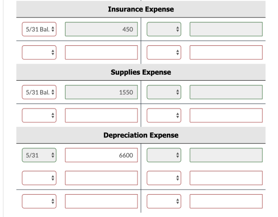 Insurance Expense 5/31 Bal. 450 450 A Supplies Expense 5/31 Bal. 1550 Depreciation Expense 5/31 6600 |
