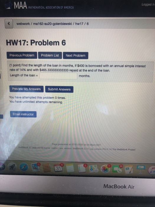 MAA Logged in MATHEMATICAL ASSOCIATION OF AMERICA webwork/ma162-su20-golenbiewski / hw17/6 HW17: Problem 6 Previous Problem P