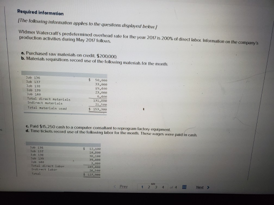 Required information The following information applies to the questions displayed below.] Widmer Watercrafts predetermined o