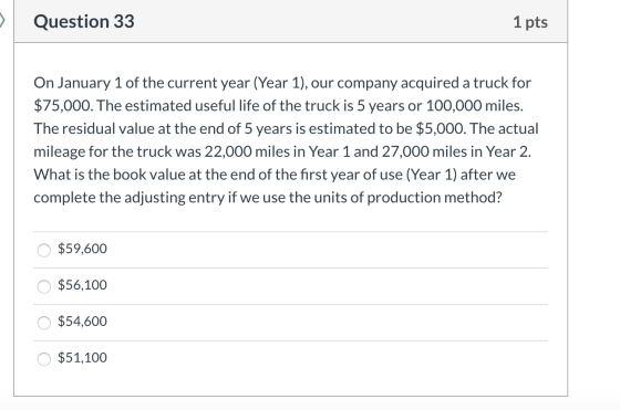 Question 33 1 pts On January 1 of the current year (Year 1), our company acquired a truck for $75,000. The estimated useful l