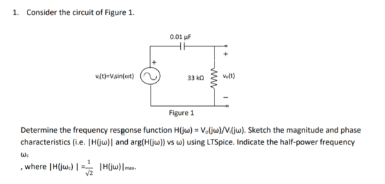 1. Consider the circuit of Figure 1 0.01 μF ()-sin(ot) 33 kQ Vo(t) Figure 1 Determine the frequency response function H(jVojw