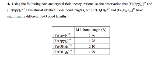 4. Using the following data and crystal field theory, rationalise the observation that [Fe(bpy)31 and [Fe(bpy)3] have almost