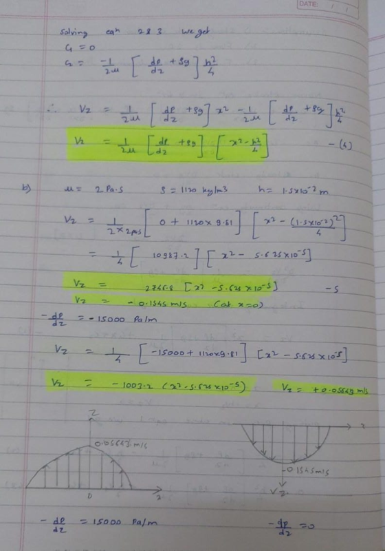 DATE: egh 2.23 we get solving G=0 b2 I alle [ de + 3 ] Vota [ +39] ** [*] ] [ 22- ] 12 +8g 2u dz b) 2 Pais s = 1120 kg/m3 h=