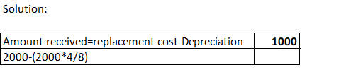 Solution: 1000 Amount received=replacement cost-Depreciation 2000-2000*4/8)
