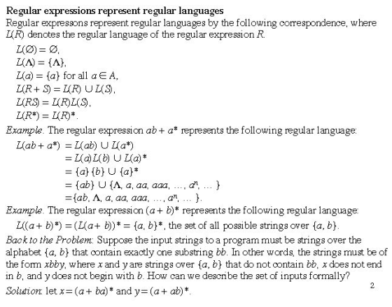Regular expressions represent regular languages Regular expressons represent regular languages by the following correspondenc