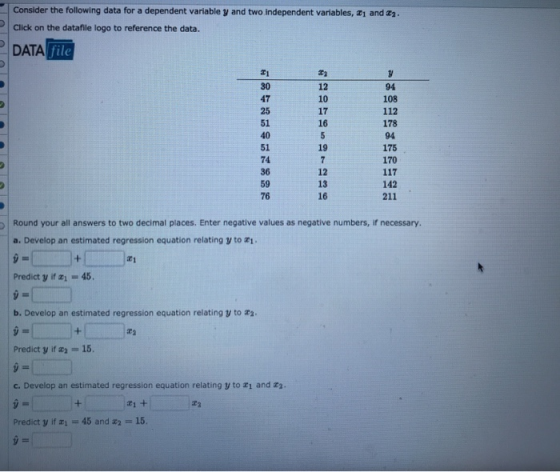 Consider the following data for a dependent variable y and two independent variables, a1 and 2 Click on the datafile logo to