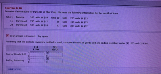 Exercise 8-10 Inventory Information for Part 311 of Flint Corp. discoses the following information for the month of June. Jun