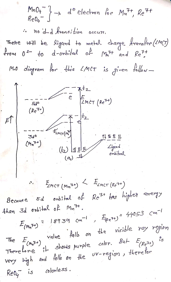 on M60,? -dº electwon for My74, Re7+ Reo J is no dland fransition occur. Thege will be ligand to metal. charge fransfer (2M(1