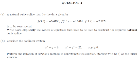 QUESTION 4 (a) A natural cubic spline that fits the data given by f(3.0) = -5.6790, F (3.1) = -3.6674, f(3.2) = -2.2178 is to