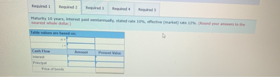 Required 1 Required 2 Required 3 Required 4 Required 5 Maturity 10 years, interest paid semiannually, stated rate 10%, effect