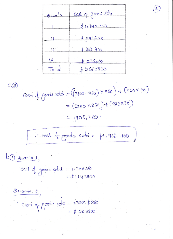 cost of goods sold Quarta - $1120350 $241650 $ 182, 4.00 V Total $_1036400 $2660800 cost d pocks odd = ((3160–900) X 860) + (
