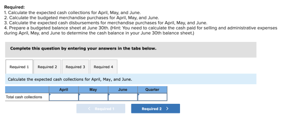 Required: 1. Calculate the expected cash collections for April, May, and June. 2. Calculate the budgeted merchandise purchase