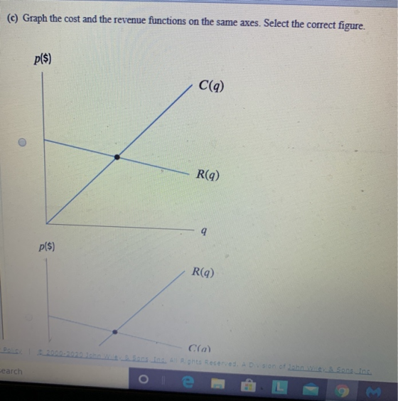 (c) Graph the cost and the revenue functions on the same axes. Select the correct figure. p($) C(q) R(q) 9 p($) R(9) Cra) Pol