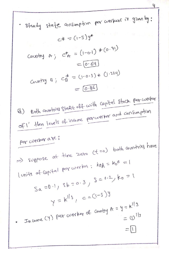 per workers is given by: . Steady state consumption c* = (1-5) y* Country A; CA = (1-0:1) *(0.71) =0.64] p = (1-0.3)*(1.224)