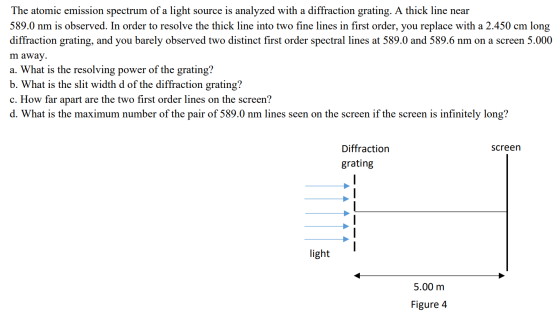 The atomic emission spectrum of a light source is analyzed with a diffraction grating. A thick line near 589.0 nm is observed