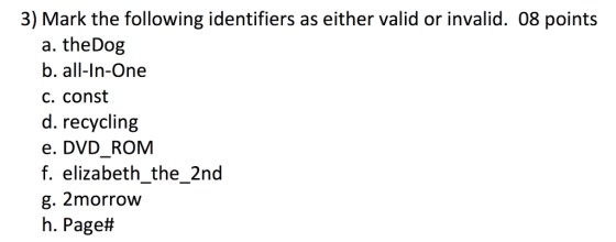 3) Mark the following identifiers as either valid or invalid. 08 points a. theDog b. all-In-One c. const d. recycling e. DVD_ROM f. elizabeth_the_2nd g. 2morrow h. Page#
