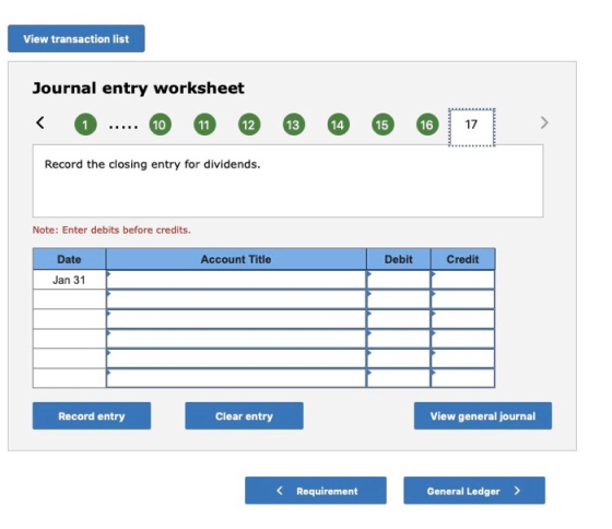 View transaction list Journal entry worksheet < 10 11 12 14 15 16 13 17 1 Record the closing entry for dividends. Note: Enter