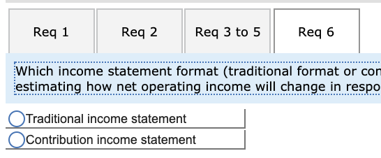 Reg 1 Req 2 Req 3 to 5 Req 6 Which income statement format (traditional format or con estimating how net operating income wil
