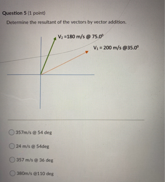 Question 5 (1 point) Determine the resultant of the vectors by vector addition. V2 =180 m/s @ 75.0° V1 = 200 m/s @35.0° 357m/