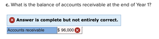 c. What is the balance of accounts receivable at the end of Year 1? Answer is complete but not entirely correct. $ 96,000 X A