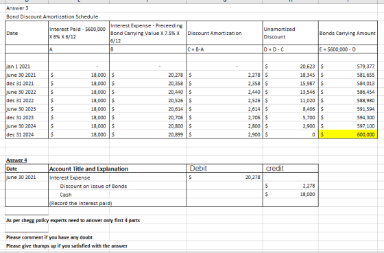 Answer 3 Bond Discount Amortization Schedule Date Interest Paid - $600,000 X 6% X 6/12 Interest Expense - Preceeding Bond Car