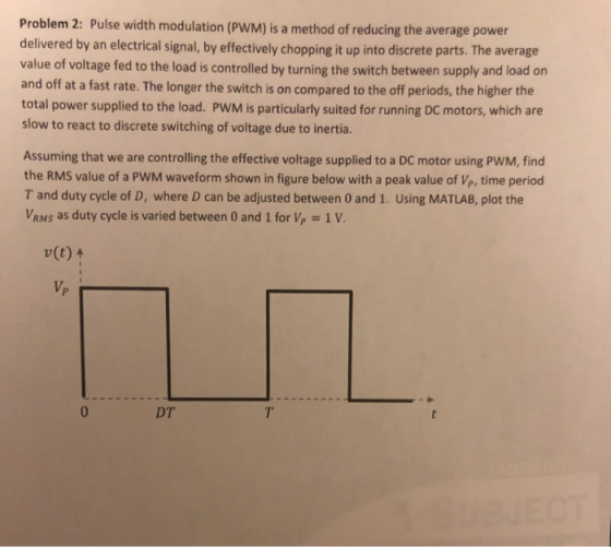 Problem 2: Pulse width modulation (PWM) is a method of reducing the average power delivered by an electrical signal, by effec