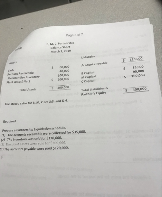 Page 3 of 7 B, M, C Partnership Balance Sheet March 1, 2019 Liabilities $ 120,000 Assets Accounts Payable $ $ Cash Account Re