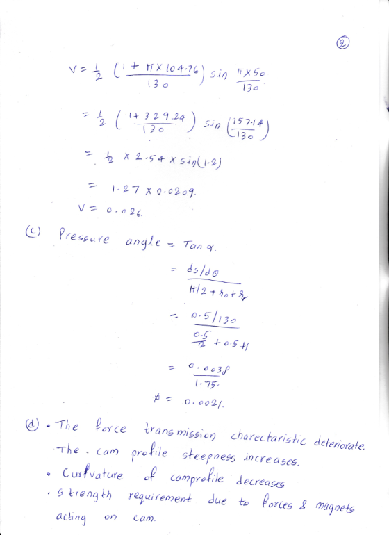 130 13o 3 2 9.24 130sin (15744 27 x 0 0209 (L) press u re angle-Ton ..。.51130 -75 (d)、The fate transmission charec taristic deteriorate. The Com profile steepness increases C usvature compreile decreases s trength requifement due to Pores mgpets acling on cam.