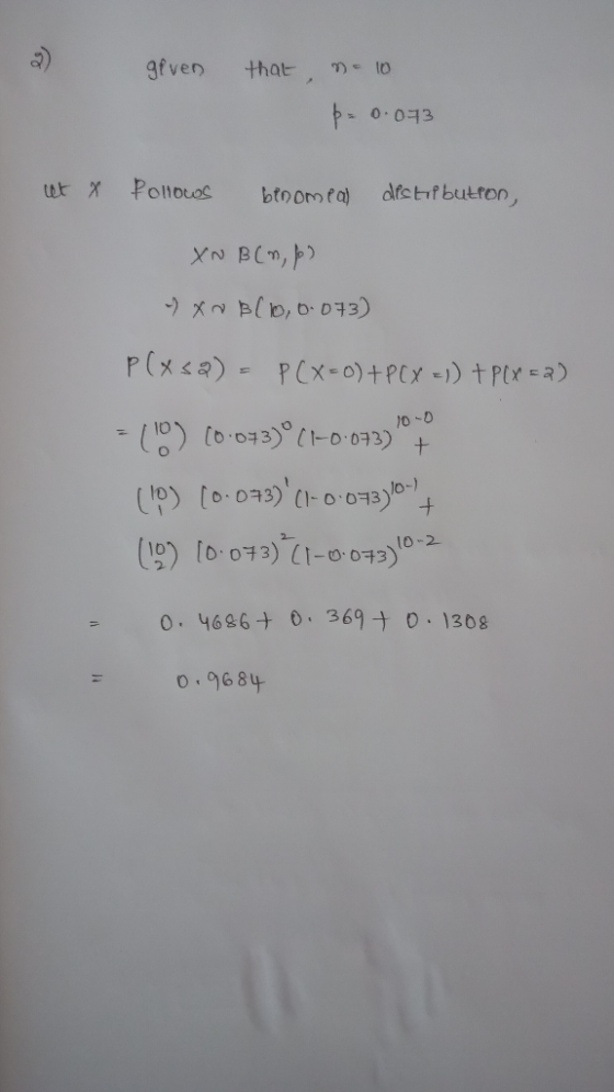 given that n = 10 p=0.073 et & Pollows benomeal distribution, XN B(np) - XN B(0, 0.073) p(x2) - P(x=0) +PCX =)) + PLX = a) =